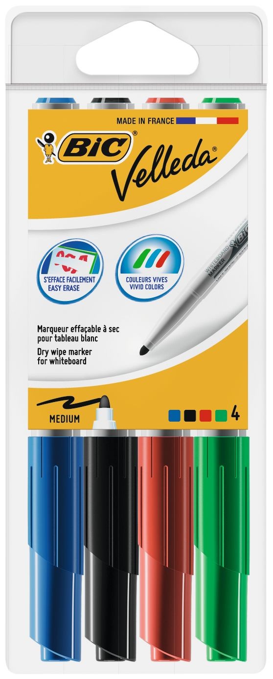 BIC VELLEDA 1721 - Pack de 4 marqueurs effaçables - pointe fine - couleurs  assorties Pas Cher