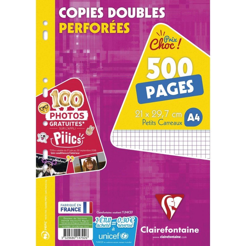 Copies doubles lot de 500 format A4 petits carreaux Clairefontaine