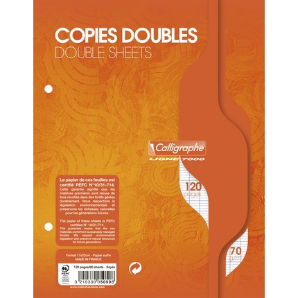 Feuilles doubles perforées grands carreaux, Clairefontaine (21 x 29,7 cm, x  200 pages)